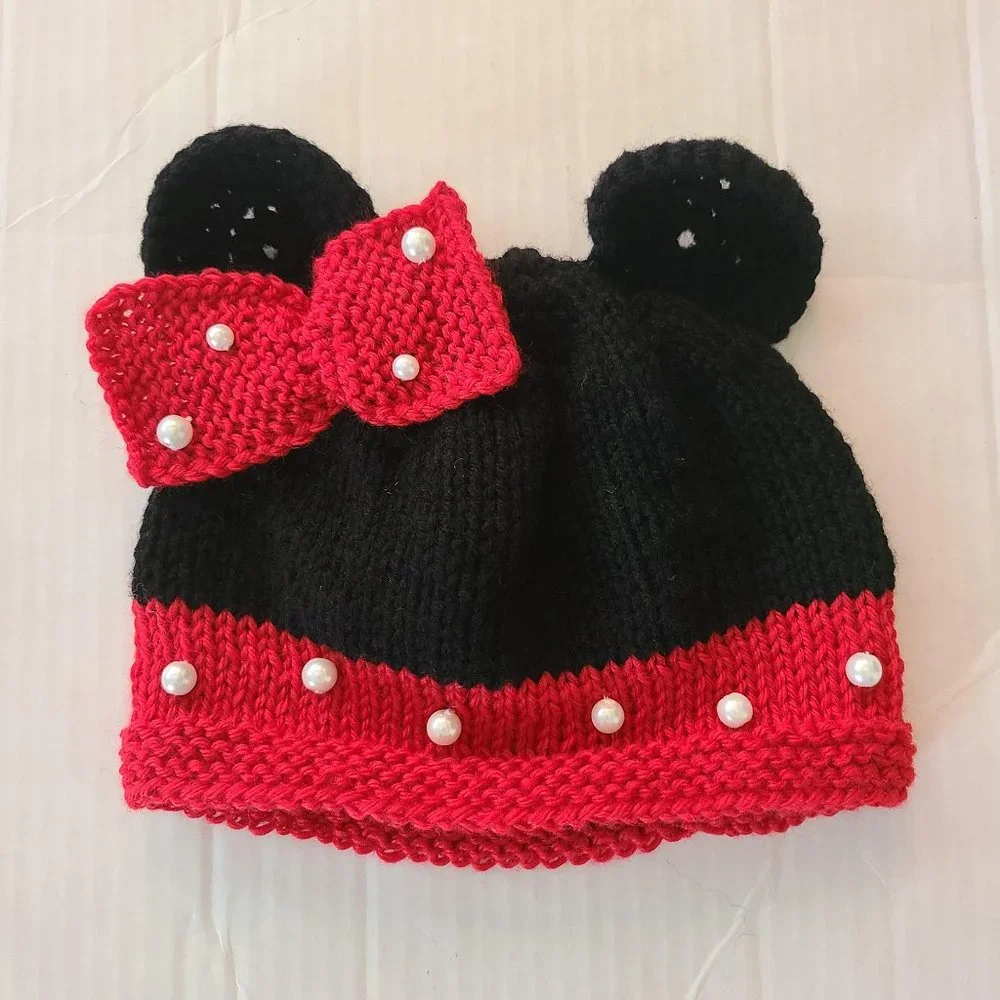 Minnie Mouse inspired Baby Infant Girl Knit Hat Red Black Size 3-6 M Photo Prop